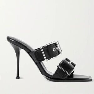NIB Alexander McQueen Punk Double Buckle Black Leather High Heel Mule Sandal
